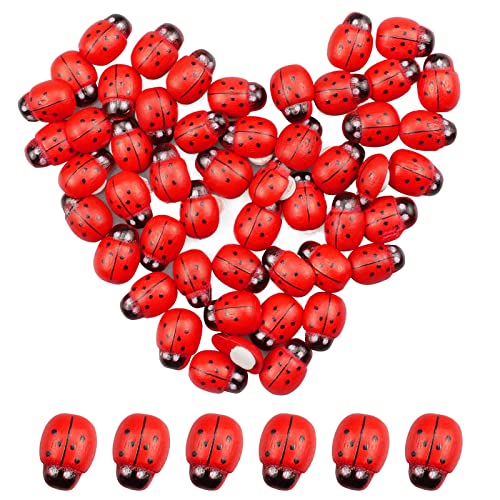 KiKiHong 100 Pièces Mini Bois Coccinelle Autocollante, Petits Scarabées en Bois Rouge Sticker Coccinelle en Bois pour Garden Dollhouse Décoration Maison DIY Artisanat Décoration Cover