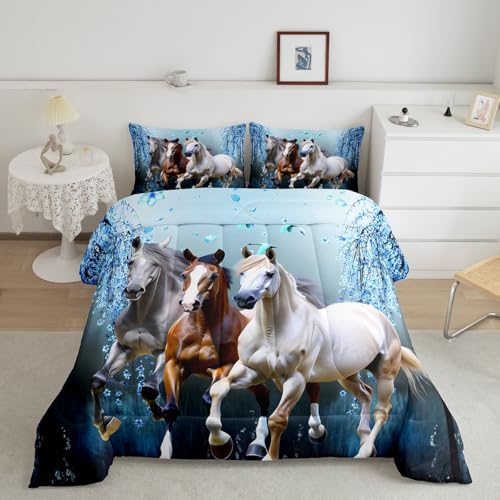Feelyou Horse Bedding Set Queen Size for Girls Boys,Cherry Blossom Dreamy Blue Galloping Horse Kids Toddler Comforter Set Teens Western Duvet Comforter Floral Wild Animal Decor Quilt Set Bedroom 3Pcs