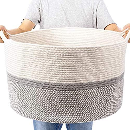 Perome Woven Cotton Rope Basket, Cotton Rope Storage Basket Collapsible Laundry Hamper Nursery Storage Bin Container Organizer with Handles, Toy Storage Organizer Blanket Basket, 55cm x 35cm