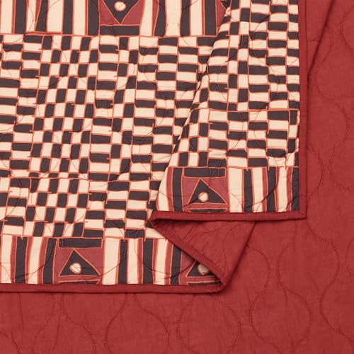 Verona 3-Piece Geometric Boho Quilt Set, Global-Inspired Boho All Cotton Bedding Set - King Size, Burgundy