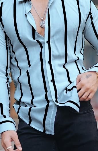 Image of MiraMichi Men's Striped Slim Fit Lycra Shirt | Full Sleeve Stretchable Shirt | Trendy Black and White Vertical Stripes for Casual