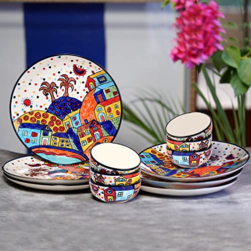 Image of Freakway Hut Family Hand-Painted Glossy Dinner Set Ceramic Stoneware Dinner Set of 12 Pieces | 6 Dinner Plate 10.3 Inch & 6 Serving Bowls 180 Ml | Dishwasher & Microwave Safe - Multicolor, Solid