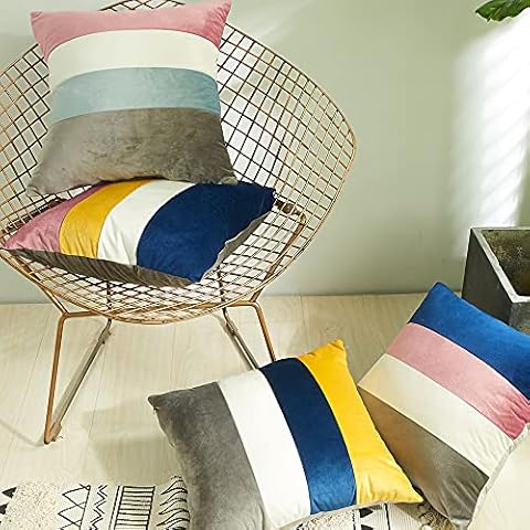 ZBW Impex - Set of 4 - Luxury Soft Velvet Striped Cushion Covers Multicoloured Plaid Pillowcases For Home Sofa (Multicolour Striped, 18x18 inch) Cover