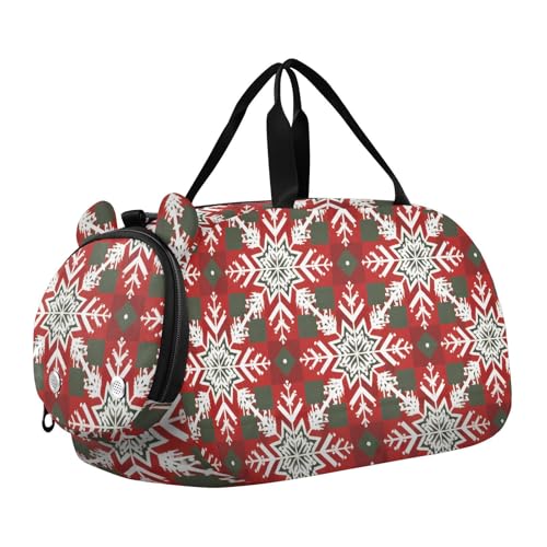 Duffle Bag for Boys or Girls with Shoes Compartment, Pattern Red Christmas Tile Snowflake Sports Travel Bag Overnight