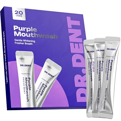 DR.DENT Purple Mouthwash for Teeth Whitening - Color Correcting Mouthwash Sachets (20 Pack) - Peroxide Free Alcohol Free - Freshens Breath Supports Gum Health - Vegan Mint Flavor