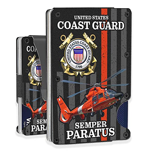 Slim Wallet With Money Clip, Us Coast Guard Red Helicopter Semper Paratus Blocking Front Pocket Credit Card Holder For Coast Guard, 3.35 x 2.13, Black, MWL0001