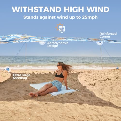 Image of WEKAPO Beach Tent Sun Shelter - Easy Setup Beach Canopy with 4 Sturdy Poles, Large Sandbags and Shovel, 7'1'' Tall, Windproof Sun Shade for Backyard and Camping, UPF 50+ Protection