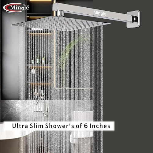 Image of Mingle Shower Head | Shower with Sqaure Arm | 304 Stainless Steel | Overhead Shower | Shower Head For Bathroom | Wall Mounted Overhead Shower | Rain Shower Head (6X6 + 12 INCH SQ ARM)