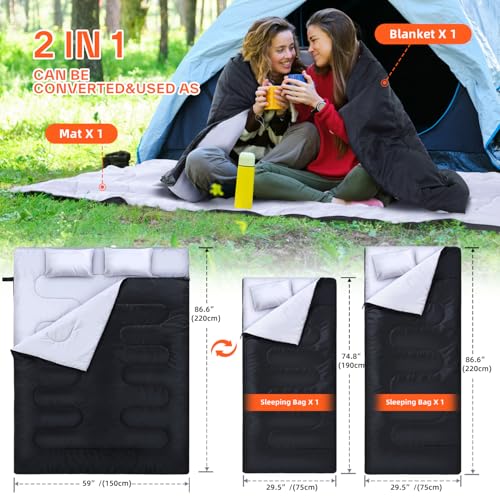 Miniatura 2 de Ohuhu Saco De Dormir Doble Enorme 220x150cm Con 2 Almohadas Y Una Bolsa De Transporte, Cuatro Doble Tiradores De La Cremallera - Temperatura Cómodo: -5 C 10 C, Negro