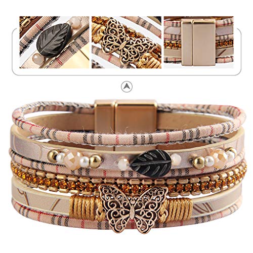 Womens Leather Cuff Bracelet Boho Wrap Bracelet Butterfly Multi Strand Bracelet Beige Leather Bracelet Gold Plated Layered Bracelets For Women, Sister, Wife #TOP4