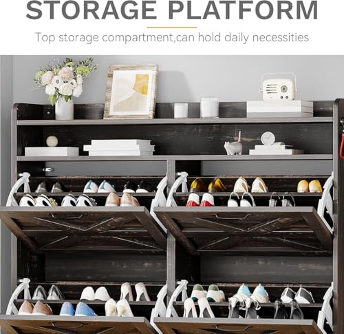 DWVO Dark Rustic Oak Farmhouse Storage Shoe Cabinet with 4-Tier Flip Shoe Storage Cabinet for 24 Pairs, Shoe Organizer with Metal Legs for Entryway, Living Room, Hallway
