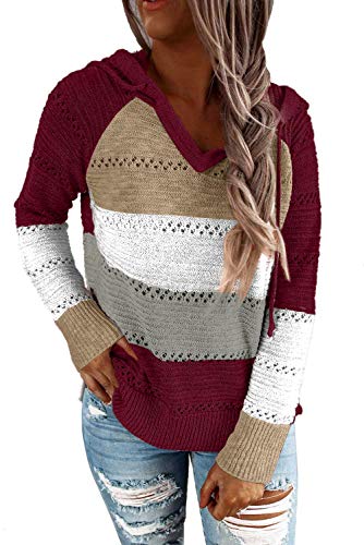 GOLDPKF Weihnachtspullover Damen Sport Top Damen Farbblock Kapuzenpullover Gestreift Hoodie Entspannt Sweatshirt mit Kapuze Lässiger Hohlpullover Rotwein L 44-46