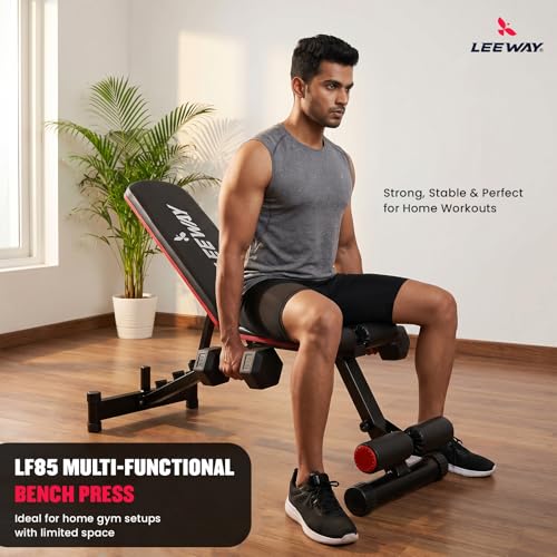 Image of Leeway LF85 Adjustable Bench Press for Home Gym Setup Chair | Foldable Workout Gym Bench for Home with Incline Decline Flat, Multipurpose Exercise Fitness Equipment | Strength Training Table (Black, Bench LF85, 1)