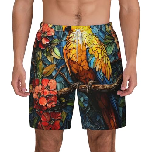 Mens Swim Trunks Bathing Suit Quick Dry Board Shorts Pockets, Parrot Stained Glass Art2