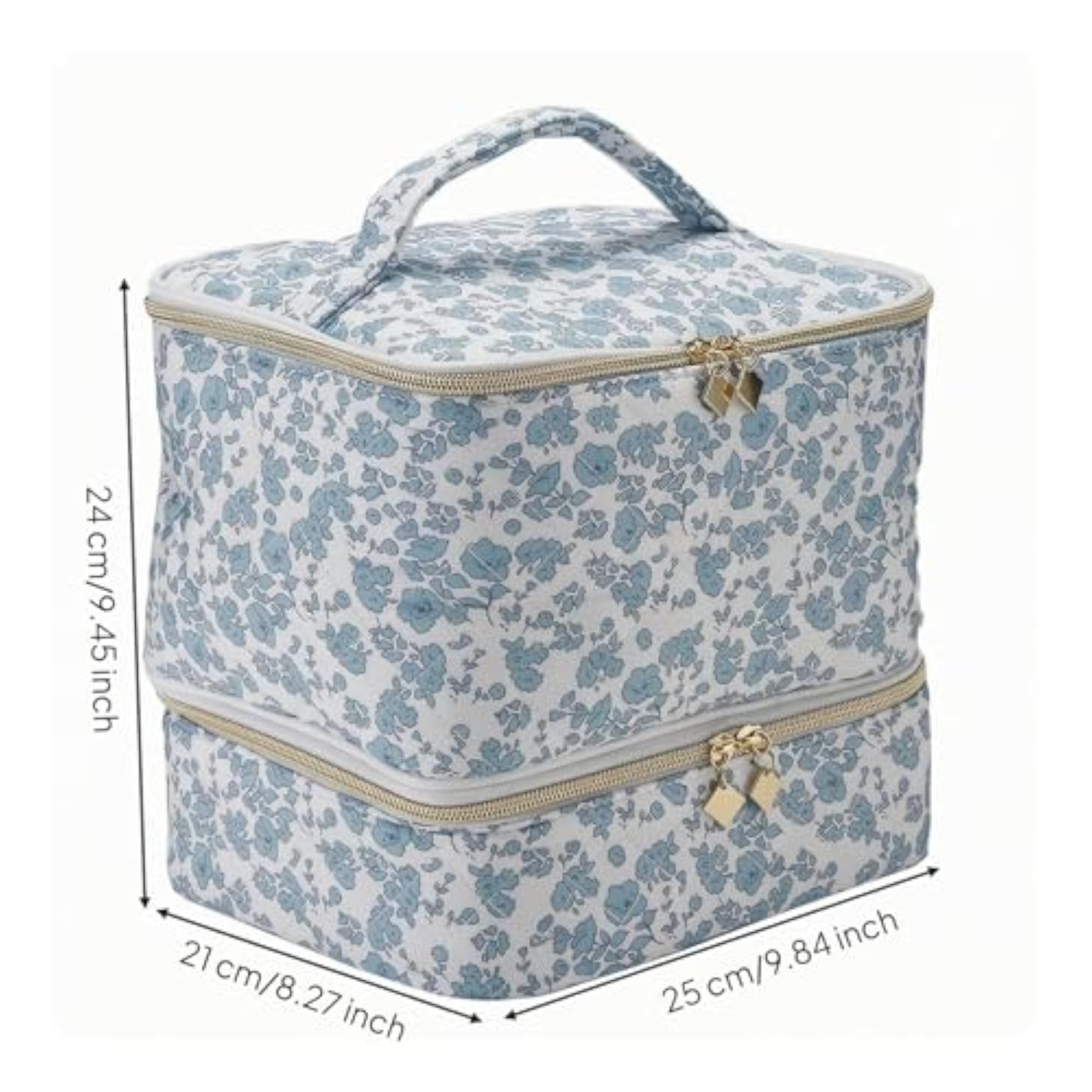 Zip-Around Double-Layer Makeup Bag, Quilted Cosmetic Organizer