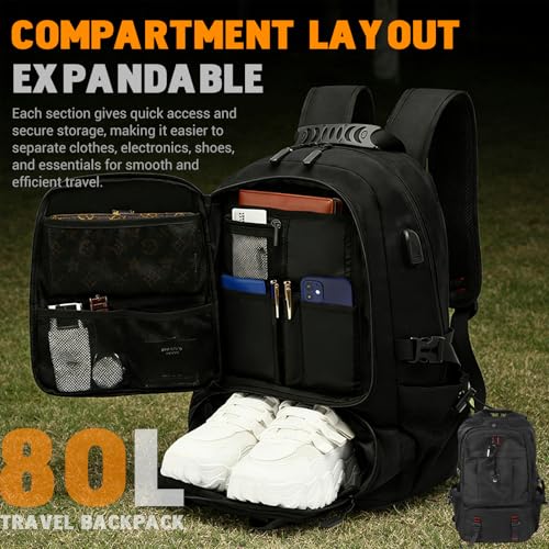 Image of ZORBES Large Laptop Backpack with Shoe Compartment, 80L Oxford Cloth Suitcase Waterproof Rucksack 17 Inch, Travel Outdoor Hiking School Gym Work College Bags for Men Women