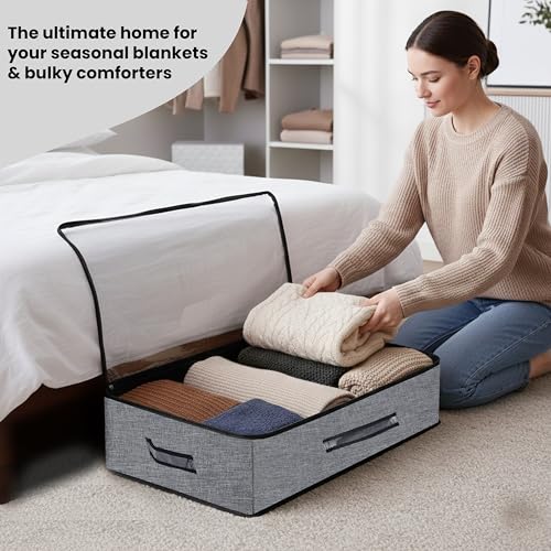 Image of Storite 2 Pack Foldable Underbed Storage Bag - Blankets Clothes Comforters | Breathable Zippered Organizer for Bedroom with Transparent Window and Carry Handles (70 X 45 x 13 cm - Blackgrey)