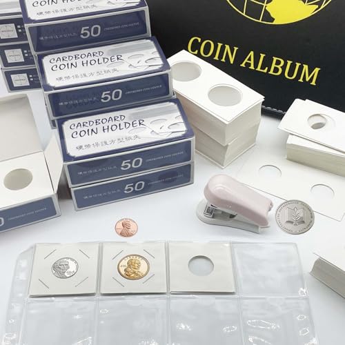 600 Pcs Coin Flips 12 Assorted Sizes 2\" x 2\" Cardboard Coin Holders for Colletors Coin Collection Supplies with A Mini Stapler for Dollars, Penny, Quarter, Nickels Collecting