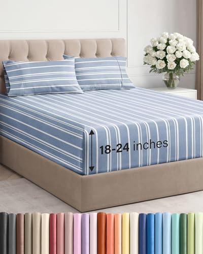 Image of Extra Deep Twin Sheet Set - 4 Piece Breathable & Cooling - Blue Stripes | Hotel Luxury Bed Sheets Set, Easy & Secure Fit, Ultra-Soft, Wrinkle & Fade Free, Comfy Sheets Set with Extra Deep Pockets
