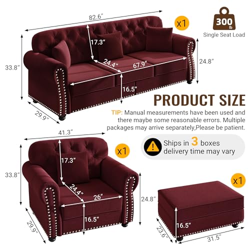 Image of KEIKI 2-Piece Chesterfield Sofa Set with 1 Velvet 3-Seater Sofa & 1 Single Sofa, Upholstered 4-Seater Couch Set with Nailhead Trim & Rolled Arms & 1 Ottoman & 4 Pillow, for Living Room, Burgundy