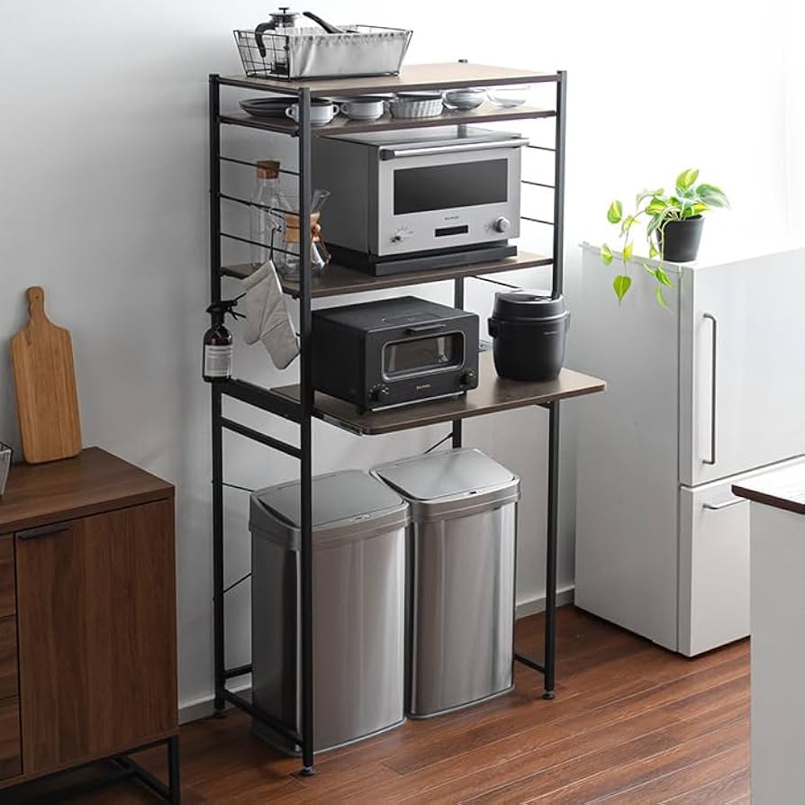 ゴミ箱上ラックレンジ台emery（エメリー）80cm幅　ライトブラウン　ブラック Amazon｜エア・リゾーム レンジ台 レンジボード ゴミ箱 収納