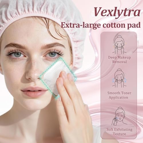 Vexlytra Large Cotton Pads for Face(150 count), Soft & Lint-Free Cotton Squares with Pressed Seam Design, Durable Cotton Rounds for Facial Cleansing and Makeup Removal, Gentle on Sensitive Skin & Eyes