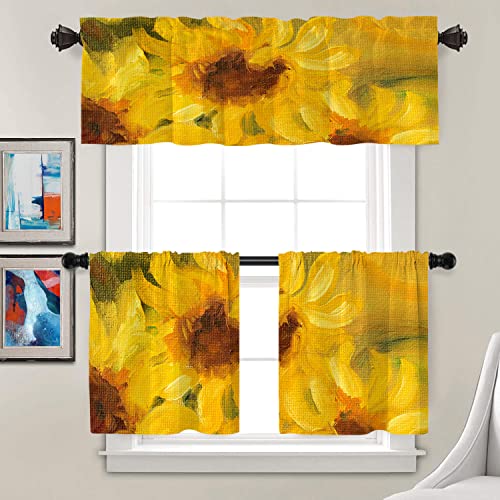 Batmerry Abstract Art Beautiful Kitchen Valances Half Window Curtain, Yellow Nature Sunny Sunflowers Oil Painting On Canvas Kitchen Valances For Bedroom Heat Insulated For Decor 52X18 Inch #TOP1