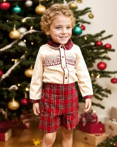 Twoflower Boys' Clothing Sets, Toddler Kids Christmas Smocked Outfit, Baby Vintage Fall 2 Piece sets for 12 Months - 7 Years2