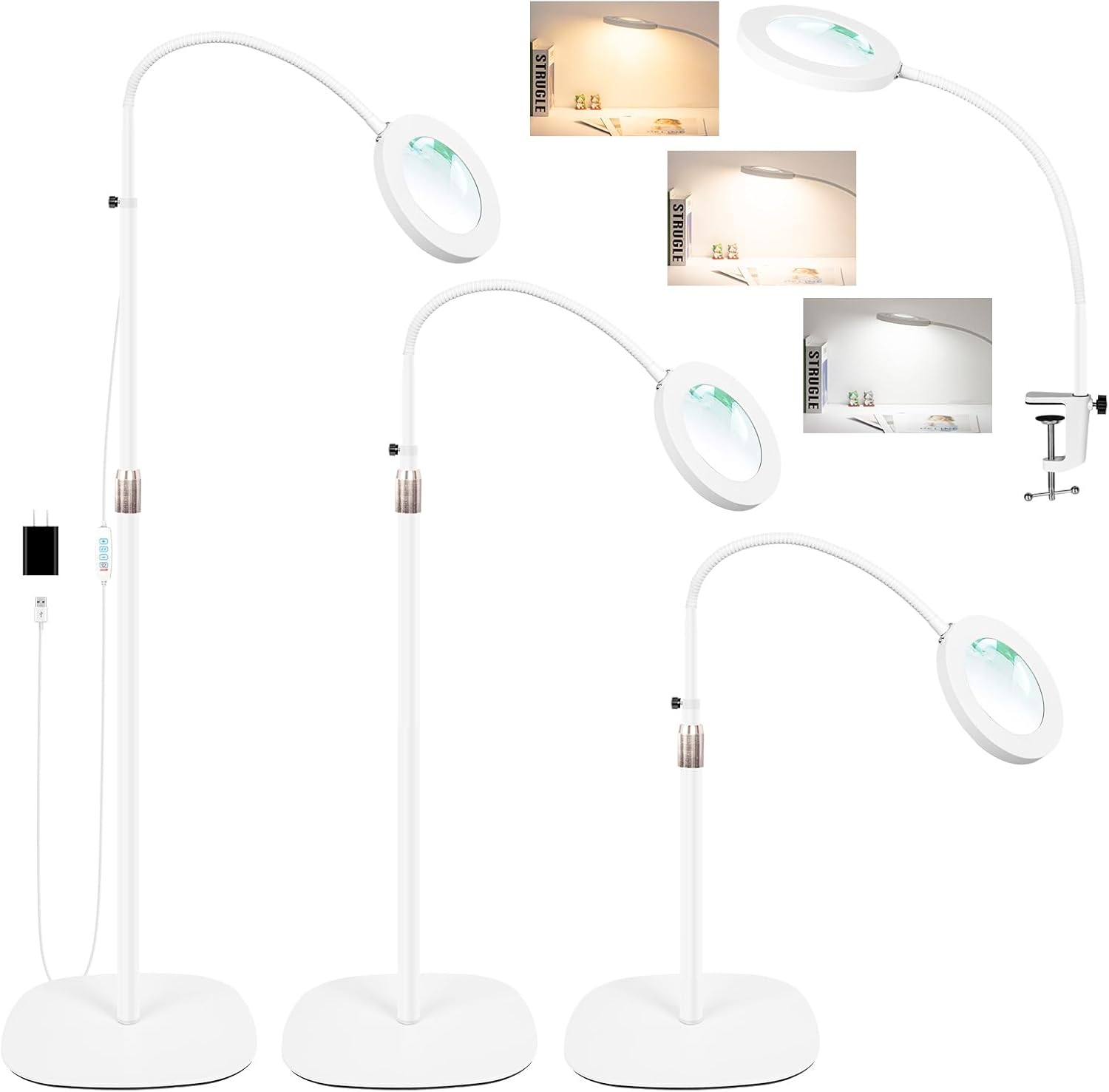 12X Magnifying Glass with Light and Stand, 3-Color Stepless Dimmable LED Magnifying Floor Lamp, 24" Gooseneck Adjustable Swing Arm Lighted Magnifier Lamp with Clamp for Craft Esthetican-White