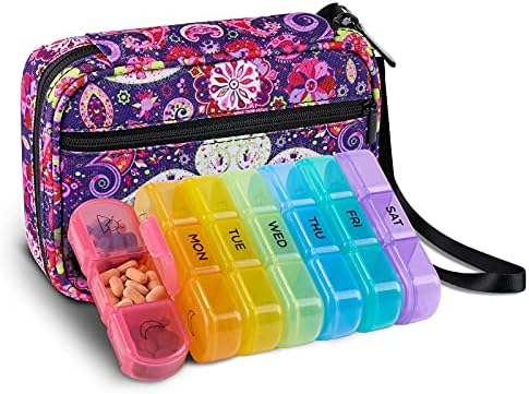 Weekly Pill Organizer 3 Times a Day with Travel Bag, Tnvee Large Portable Travel Pill Box Case for Vitamin/Fish Oil/Pills/Supplements Medicine Organizer (Purple Perlis)