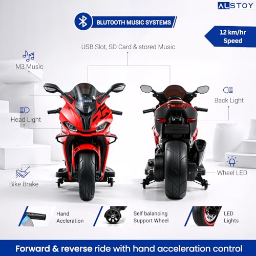 Image of Alstoy Big RR Kids Electric Toy Ride-On Bike| 12V Rechargeable Battery Operated Bike for Kids | Bluetooth Music | 100 kg Capacity | BIS /ISI Approved | Boys & Girls Age 6 to 15| 6-Month Warranty| Red