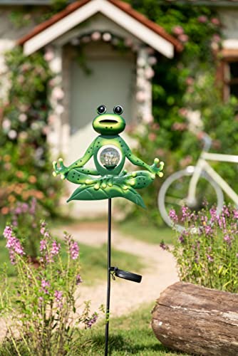 Teresa's Collections 35 Inch Meditation Yoga Frog Garden Solar Stake Lights For Outdoor Decor, Decorative Metal Green Happy Zen Frog For Outside Patio Lawn Yard Decoration #TOP5