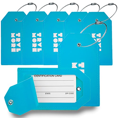 7er-Pack TravelMore PU-Leder-Gepäckanhänger für Koffer mit Sichtschutz - Reise-Kofferanhänger mit Adressschild für Koffer, Taschen, Rucksack und Gepäck - Herren und Damen - Blau Cover