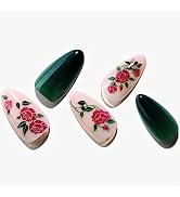 GLAMERMAID Press on Nails Almond,Green Gel False Nails with Flower Design,24 PCS Glue on Nails,Re...