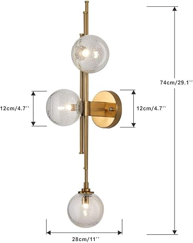 Miniatura 10 de BOKT Lámpara de pared moderna de 3 luces para interiores de mediados de siglo, lámpara de pared de vidrio gris ahumado posmoderno, latón cepillado