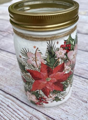 Festive Poinsettia Decoupaged Mason Jar - Handcrafted Christmas Cookie Jar and Centerpiece for Holiday Decor - Image 6