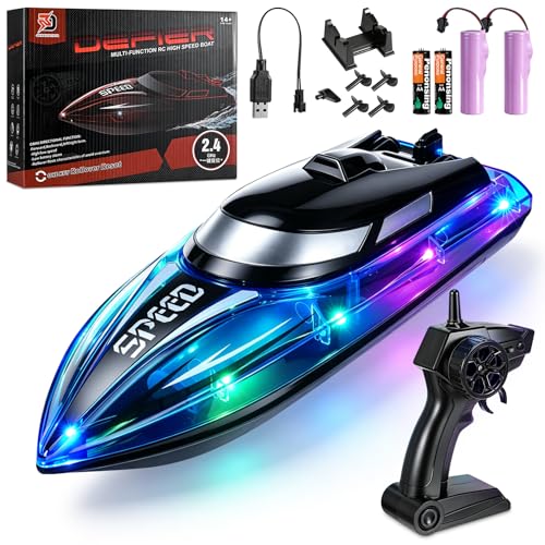 Auniq Bateau Télécommandé Enfant et Adulte, 2,4 GHz RC Bateau avec éclairage RGB, Vitesse maximale 20 km/h Redressement Automatique Bateau Radiocommandé Électrique Bateau de Course RC Jouet Aquatique