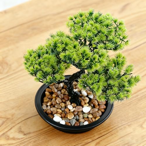 SZJFYMQ Kunstpflanze Zeder, Kunstbaum Tisch Bonsai Zeder mit 33cm im schwarzen Keramiktopf mit feinen Kieselsteinen - Künstliche Bonsaipflanze Dekopflanze klein Wohnraumdekoration