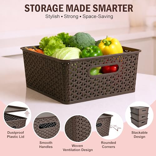 Image of JD Fresh Pack of 3 Premium Plastic Storage Basket with Lid /Smooth Handle Design & Stackable Storage Organizer /Durable Kitchen Storage Basket for Clothes, Vegetables, Fruits, Toys and Stationery(Brown)