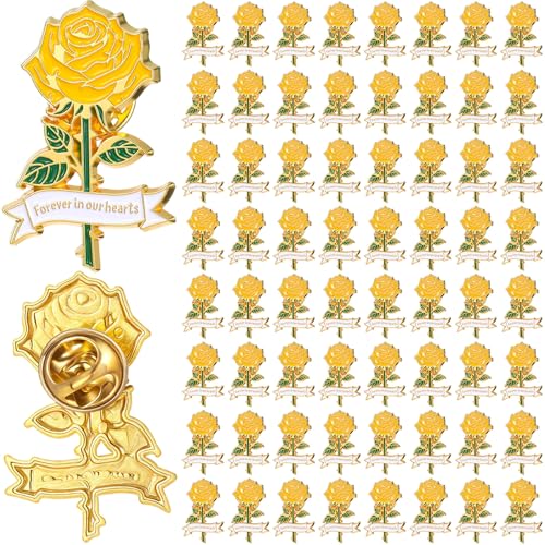 Misdary 50 Pcs Funeral Favors for Guest Memorial Rose Pin Celebration of Life Enamel Lapel Pin Forever in Our Hearts Religious Christian Mourning Remembrance Day(Yellow)