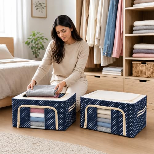 Image of CLAPONE Foldable Steel Frame Cloth Organizer Storage Box and Organiser /Wardrobe Organizer for Storage /almirah for Sarees /Shirts /Blankets /Clothes Storage Box (Blue, 66 Ltr - Pack of 2)
