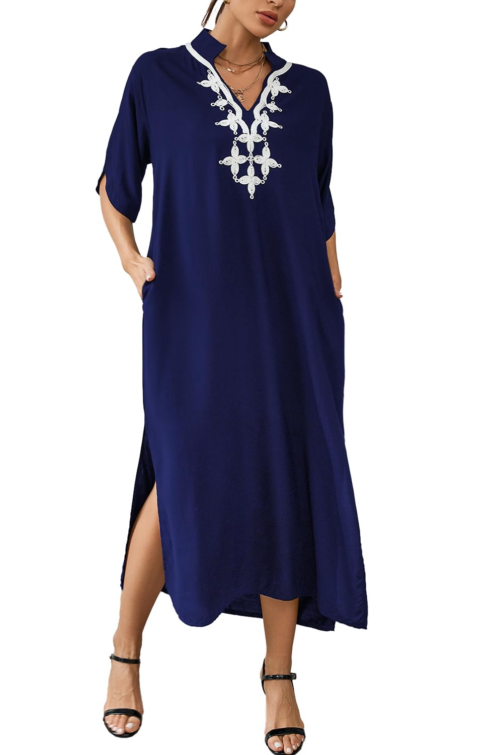 Vestido de playa kaftan largo para mujer con bordado bohemio de algodon 6