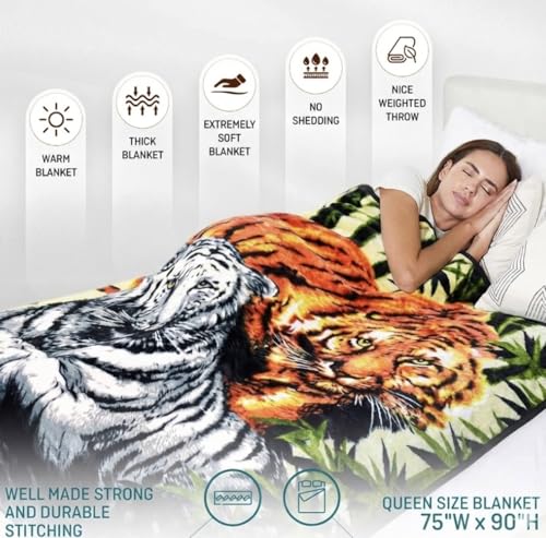 Tiger Animal Print Blanket 5.3 Lbs - Warm Plush, Heavy Thick, and Soft Fuzzy Fleece for Cozy Comfort Winter - Korean Mink Mexican Cobijas San Marcos Adults Blankets - Big Tigre Queen Size 75" X 90