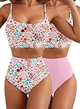 Herseas Women's High Waisted Bikini Two Piece Swimsuit High Cut Adjustable Straps Plus Size Colorful Floral Pattern Reversible Bottom Girls Bathing Suit Pink Floral Medium