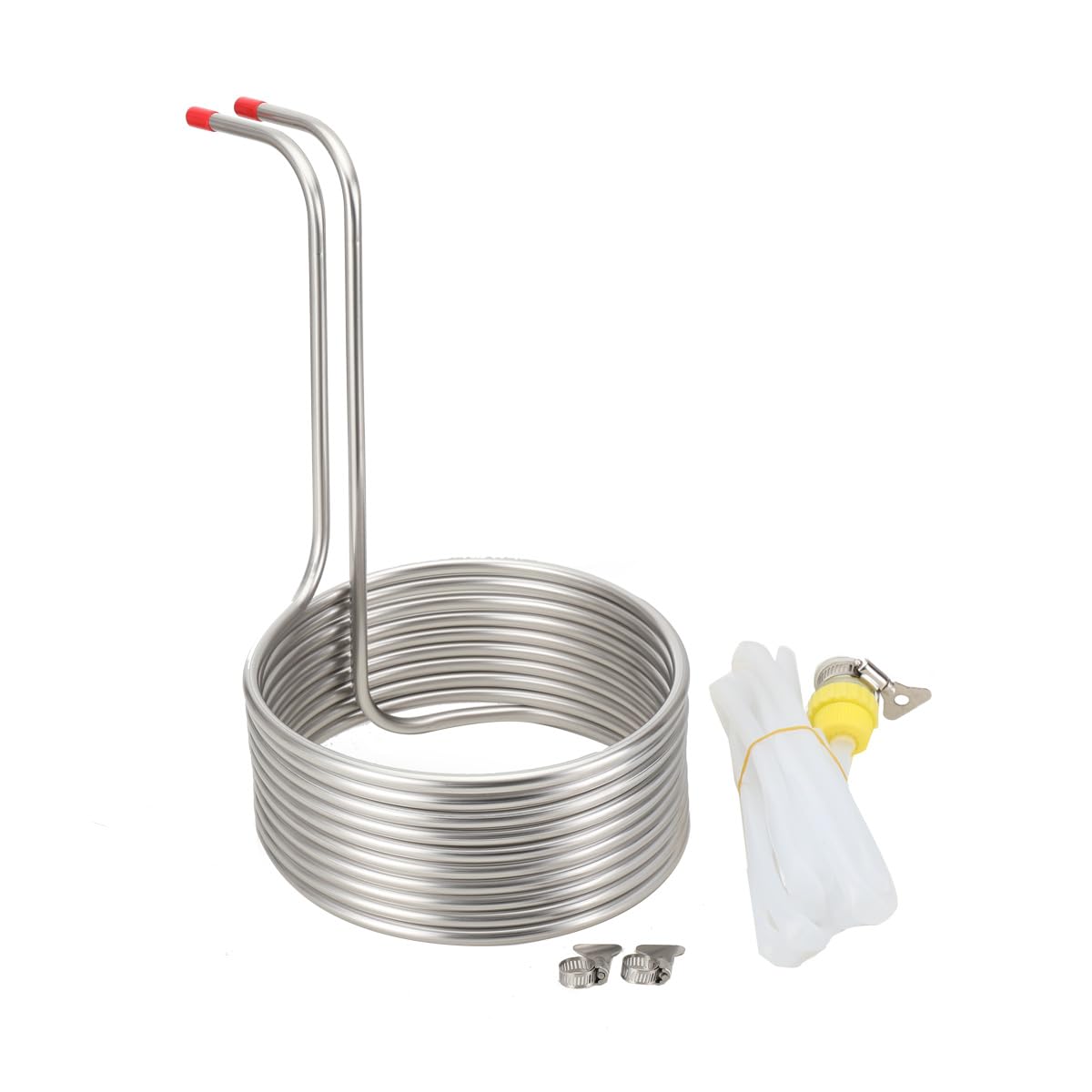 Chiller Eintauchkühler Kühlspirale Eintauchkühler Wasserkühlspirale, Würzekühler, schnelle Abkühlung der Biermaische mit 2 * 2m Silikonschläuche, Edelstahl, Ø 23 cm, 10 Kühlschleifen, silber