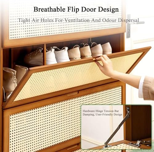Shoe Storage Cabinet Cabinets Hallway Slim Cupboard Cupboards Hallways Slimline，Bamboo Shoe Storage Cabinet with Flip Doors & 2 Hooks, Stylish Shoe for Hallway & Living Room, Space-Saving So