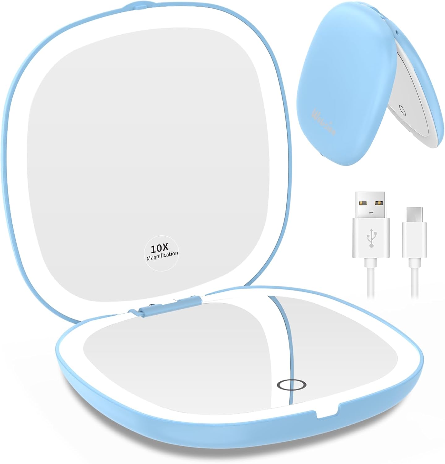 WOBSION Travel Mirror with Light for Makeup, 1x/10x Magnifying Compact Mirror for Handbag, 10cm Rechargeable Pocket Mirrors, 2-Side Dimmable Led Light up Mirrors, Handheld, Gifts for Women, Blue