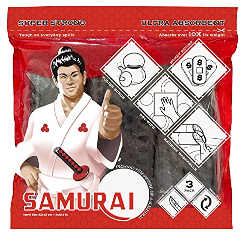 Samurai Reusable Chamois Car And Kitchen Towels Set Of 3, Premium Multi Purpose Ultra Absorbent Microfiber Shammy Cloth For Cleaning Dishes, Countertops, Windows, Bathrooms, Pets, Motorcycles. #TOP4