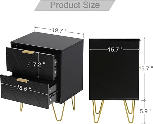 Miniatura 2 de Anbuy Black Nightstand, End Side Table with 2 Drawers, Bedside Table, Night Stand with Metal Legs for Bedroom Living Room