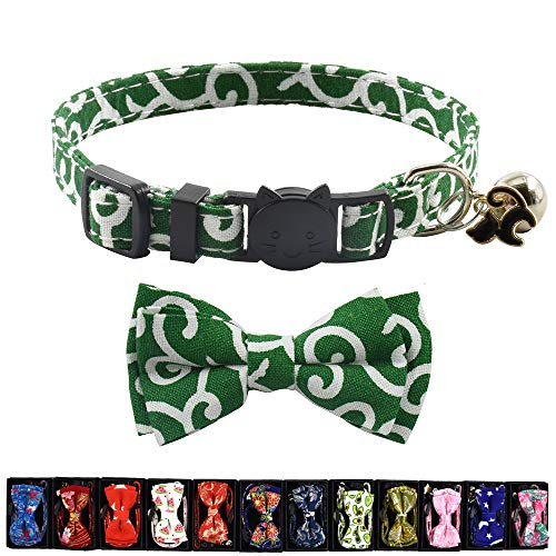 Image of Cat Collar Breakaway with Bell and Accessories, Printing Kitten Collar Bowtie for Kitty 10 Colors Adjustable 7.5-11in (Green Flower)